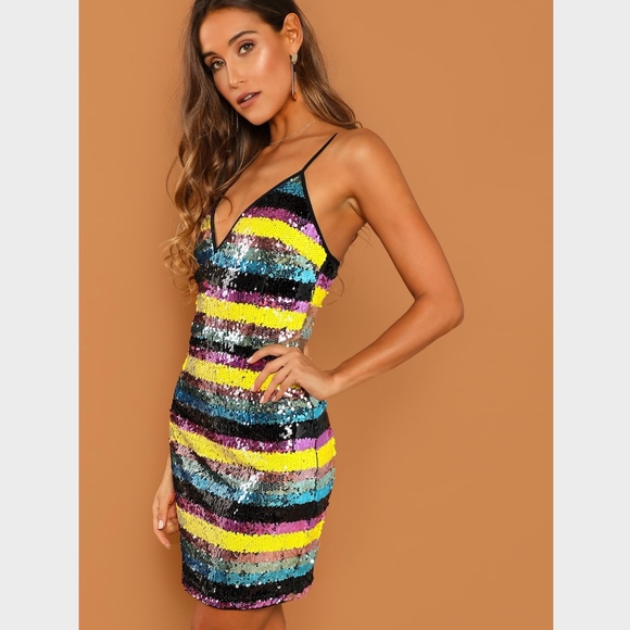 Sequin Plunging V-Neck Cami Mini Dress Striped - Picture 2 of 7